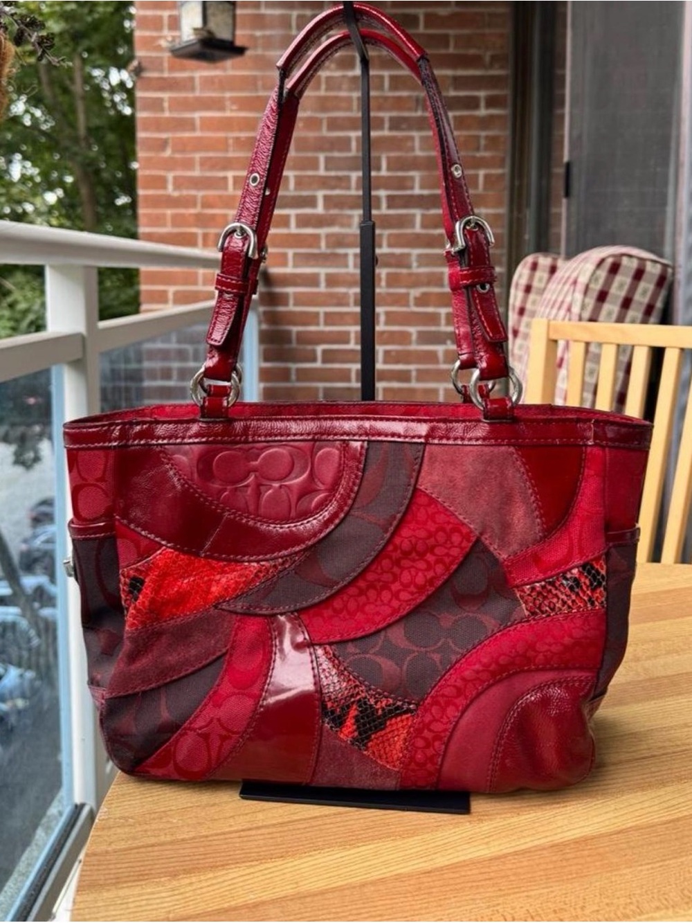 Coach Red Patchwork Tote with Mixed Textures